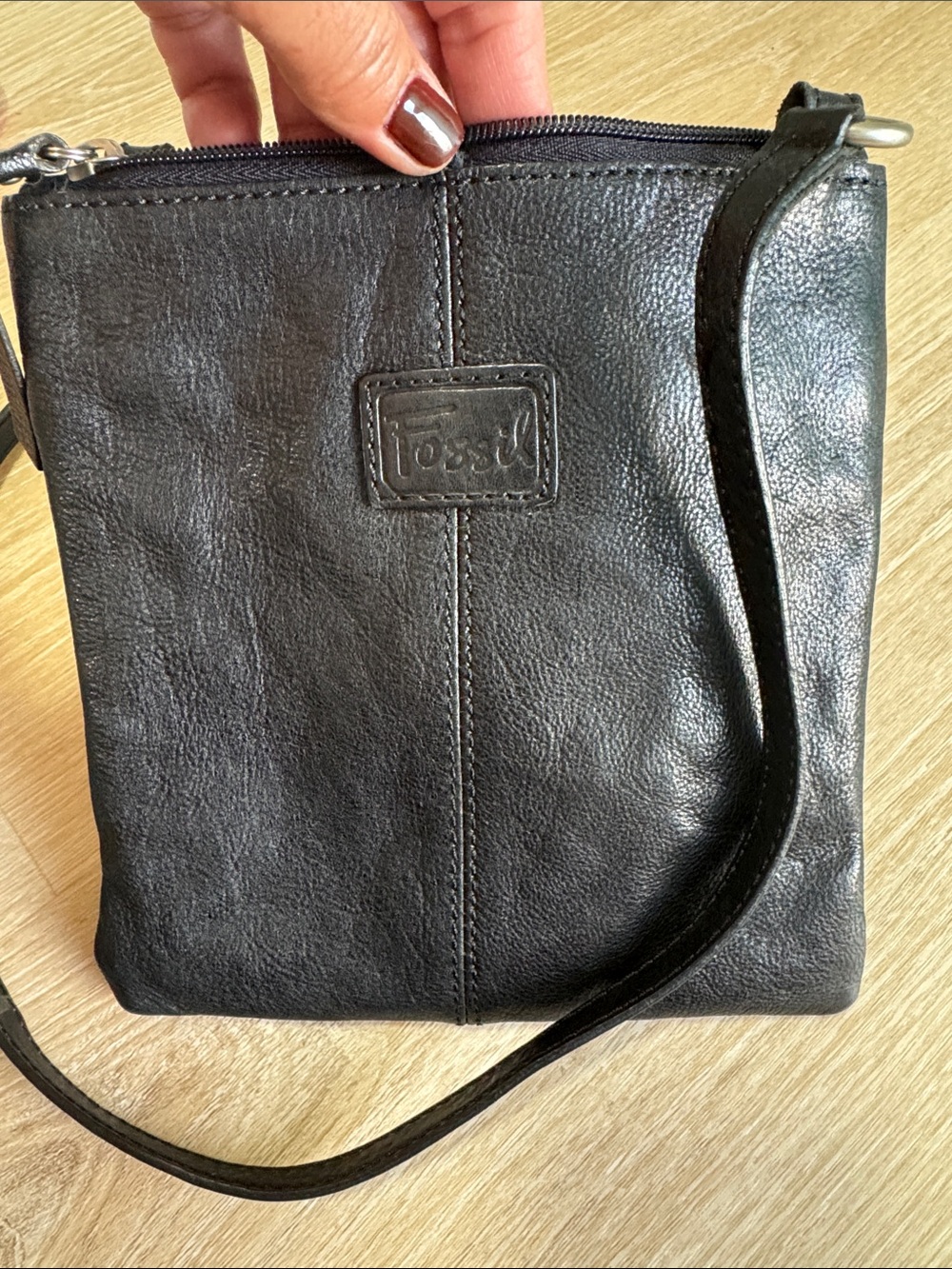 Fossil Black Leather Crossbody with Brown Patchwork Front - Picture 4 of 7